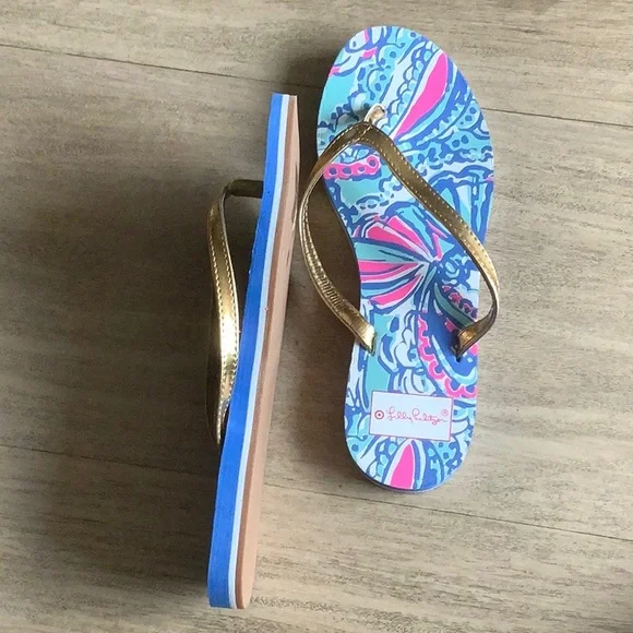 Lilly Pulitzer Vibrant Blue and Pink Flip Flops with Gold Straps - Picture 4 of 4